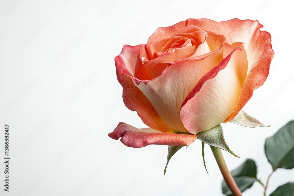 Close-up of Elegant Rose with Peach and Pink Petals Isolated on White Close-up of Elegant Rose with Peach and Pink Petals Isolated on White