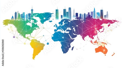 Wallpaper Mural Colorful world map with skyline silhouettes and network connections Torontodigital.ca
