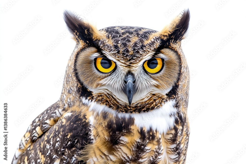 Close-up of Great Horned Owl Staring Intensely on White Background Close-up of Great Horned Owl Staring Intensely on White Background