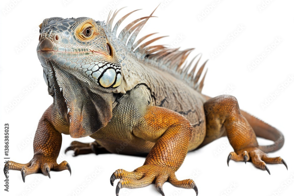 Obraz premium Iguana Posing on White Background Close Up Reptile Portrait