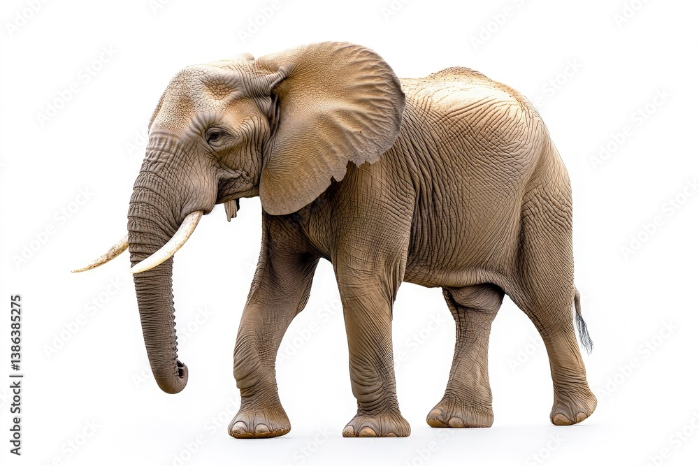 Fototapeta premium Walking African Elephant with Long Tusks Isolated on White Background