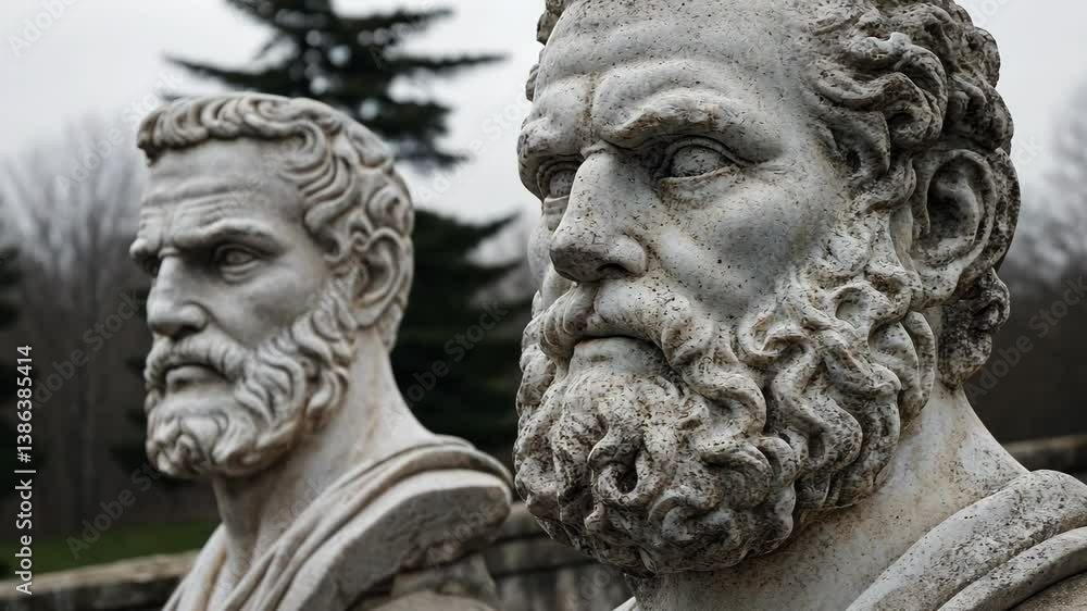Ancient stone sculptures of philosophers in a public garden during a cloudy day reflecting historical significance and artistry Ancient stone sculptures of philosophers in a public garden during a cloudy day reflecting historical significance and artistry