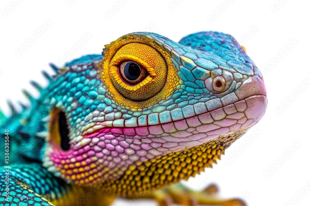 Fototapeta premium Detailed Portrait of a Colorful Iguana with Yellow Eye on White