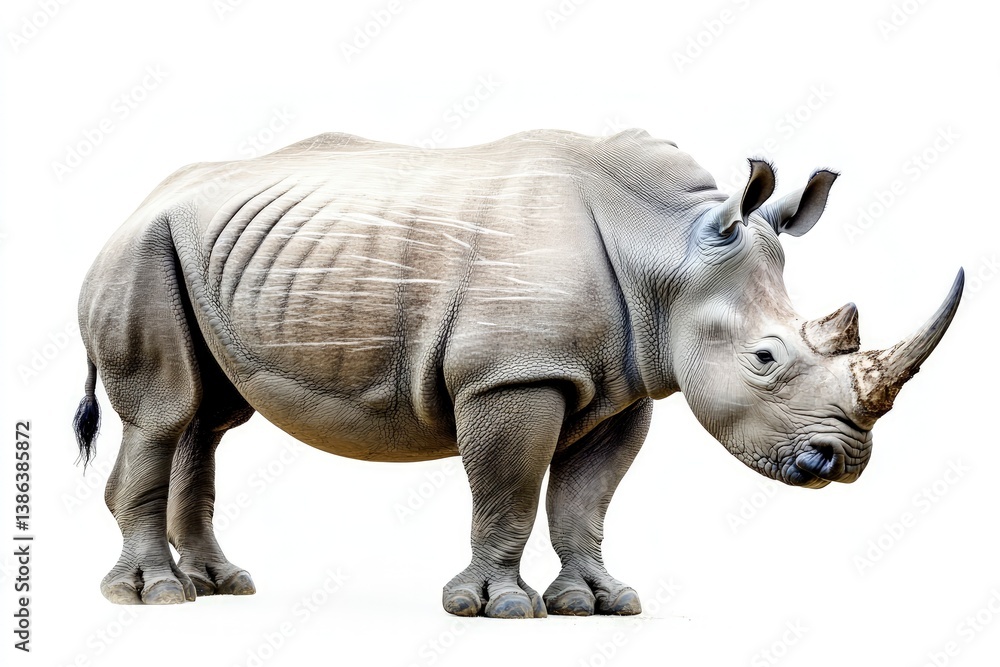 Standing Rhinoceros Portrait Isolated on White Background for Wildlife Conservation Standing Rhinoceros Portrait Isolated on White Background for Wildlife Conservation