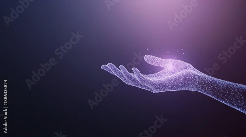Futuristic digital wireframe hand with glowing particles on dark background