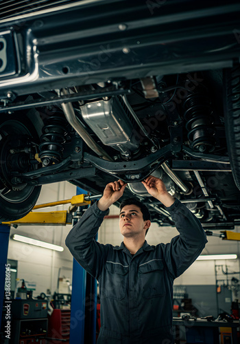 Car mechanic inspecting undercarriage of vehicle in repair shop