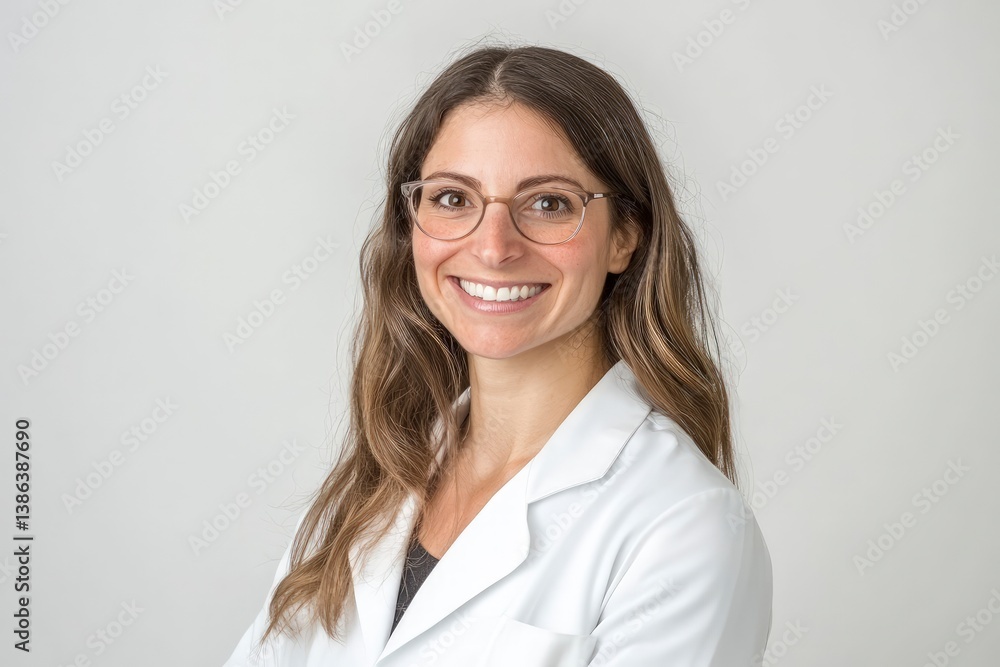Smiling Female Doctor with Glasses Wearing Lab Coat on White Background
