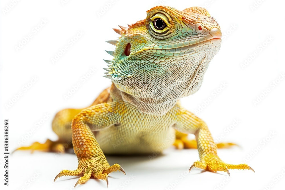 Fototapeta premium Standing Green Crested Lizard Portrait on White Background Exotic Pet Concept