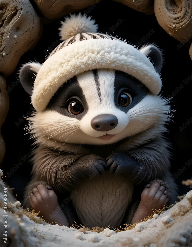 A cute badger with a winter hat looking out from its den A cute badger with a winter hat looking out from its den