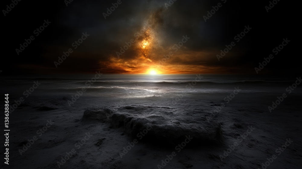 Obraz premium Dramatic sunset over a desolate beach. Dark clouds and a fiery orange sunset illuminate a vast, empty beach. A lone rock sits in the foreground