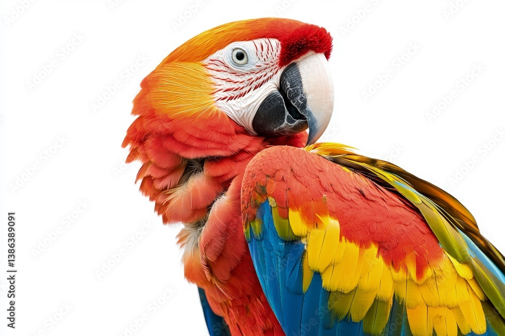 Naklejka premium Scarlet Macaw Parrot Preening Feathers Profile on White Background
