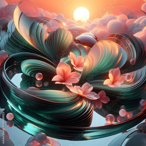 A futuristic spring-inspired abstract composition, swirling patterns of neon green leaves and soft coral flower petals merging into a glossy glass-like surface, reflecting a holographic sunrise, seaml
