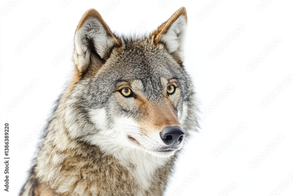 Fototapeta premium Captive Gray Wolf Portrait on White Background Wildlife Close Up