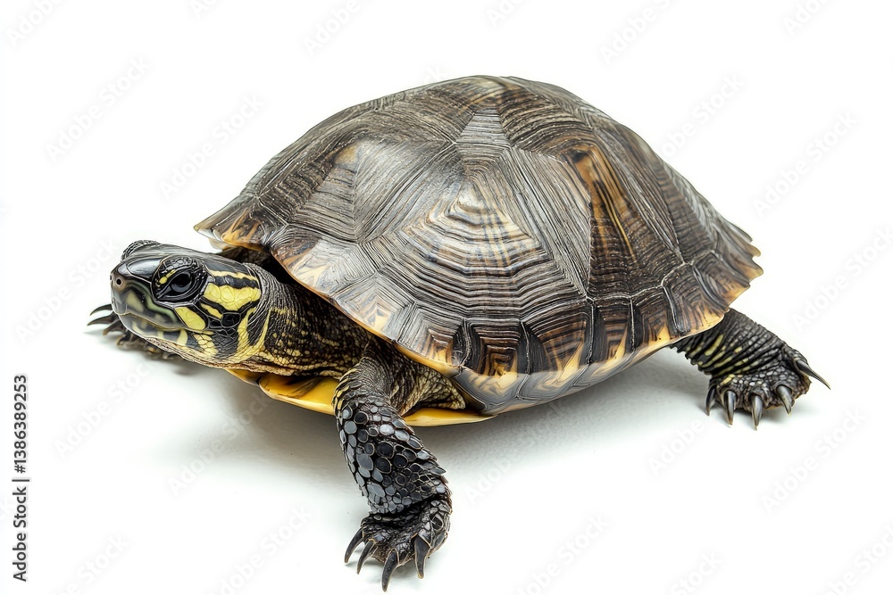 Obraz premium Turtle Walking on White Background Close-up of Shell and Head Details