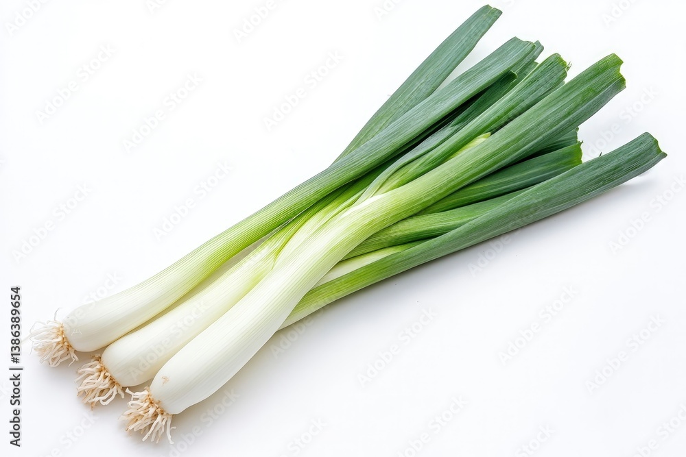Fresh Green Leeks Bundle Isolated on White Background for Healthy Recipes Fresh Green Leeks Bundle Isolated on White Background for Healthy Recipes