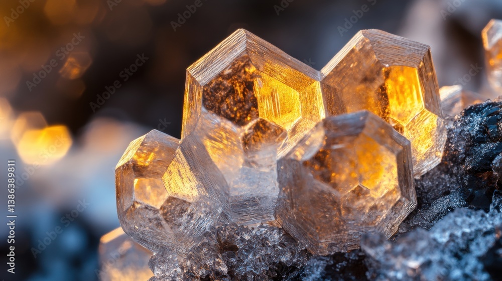 A close-up photograph of sparkling crystalline formations with hexagonal shapes, illuminated from behind, creating a warm glow against a blurred background. The image captures intricate details of the A close-up photograph of sparkling crystalline formations with hexagonal shapes, illuminated from behind, creating a warm glow against a blurred background. The image captures intricate details of the