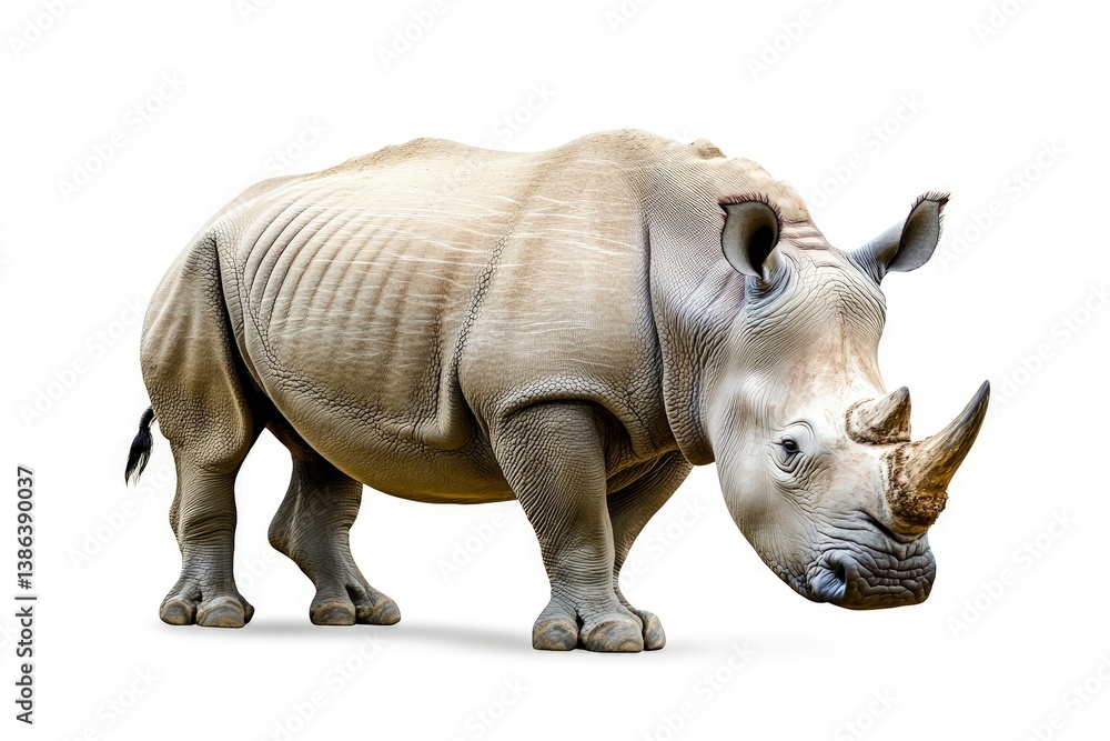 Fototapeta premium Standing Rhinoceros on White Background Detailed Wildlife Animal Portrait