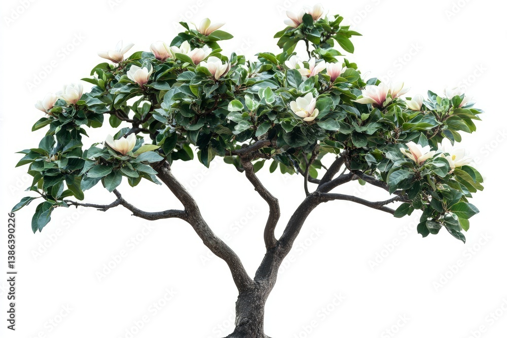 Fototapeta premium Blooming Magnolia Tree with White Flowers Isolated Against White Background