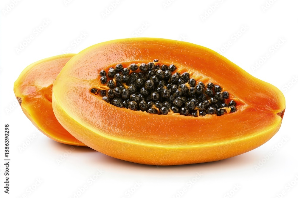 Sliced Papaya Fruit with Seeds Ready to Eat on White Background Sliced Papaya Fruit with Seeds Ready to Eat on White Background