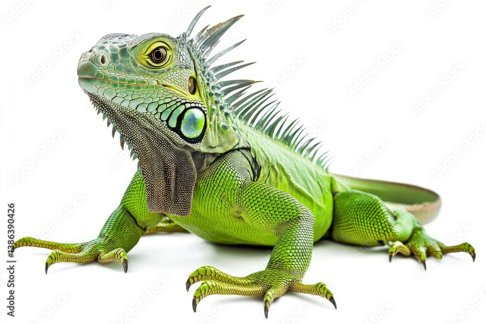 Fototapeta premium Green Iguana Close Up on White Background Exotic Pet Portrait