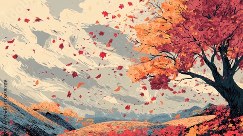 A vibrant autumn landscape featuring a large tree with fiery red and orange leaves, set against a backdrop of rolling hills under a cloudy sky. Leaves are depicted swirling through the air, creating a