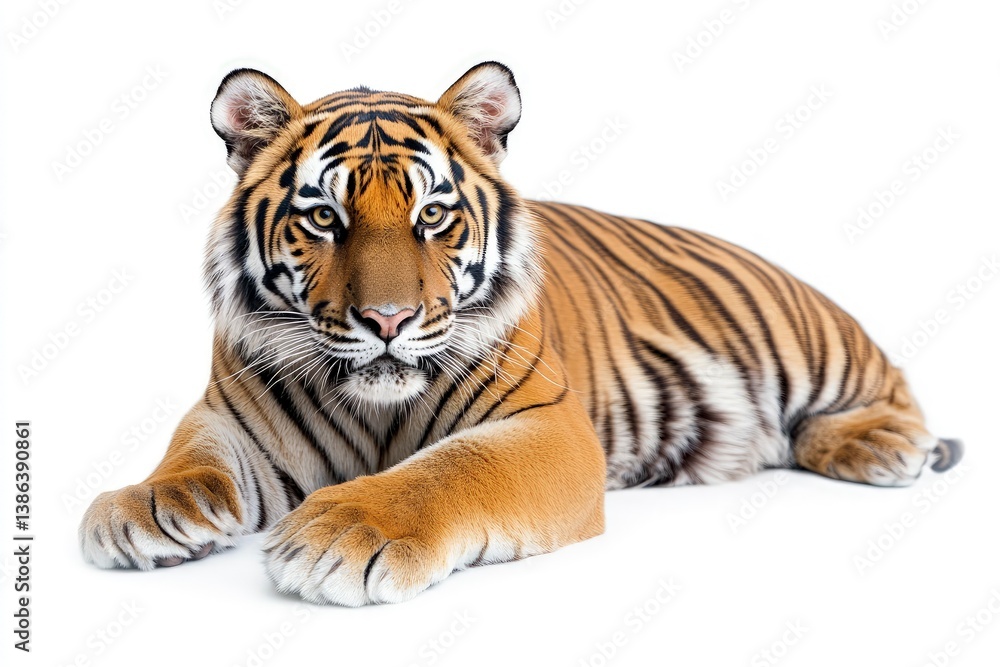 Obraz premium Lying Tiger Portrait Against White Background Looking at the Camera