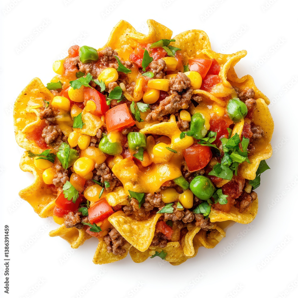 Savory Frito pie featuring crispy corn chips topped with chili, cheese, and jalapeos, perfect for snacking Savory Frito pie featuring crispy corn chips topped with chili, cheese, and jalapeos, perfect for snacking