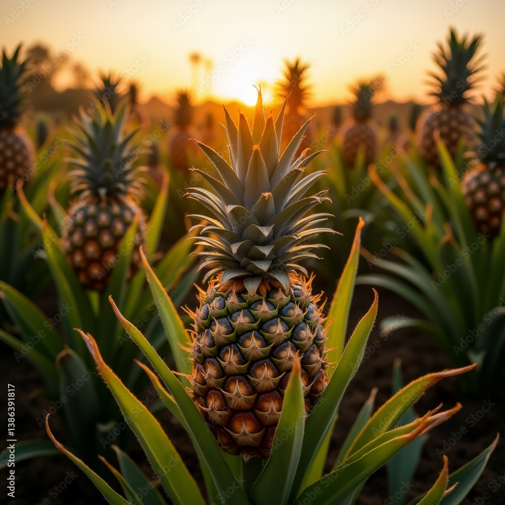 Fototapeta premium group pineapples growing field sunset sky orange yellow sun setting background casting warm glow over scene foreground close pineapple plant its leaves stems pineapple center focus while others