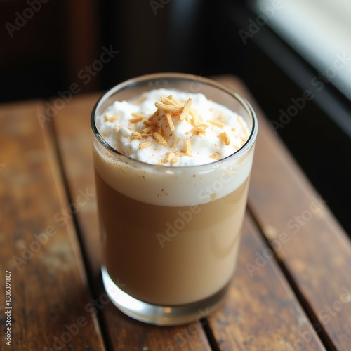 glass coffee wooden table glass filled creamy light brown liquid which appears latte cappuccino top drink generous dollop whipped cream sprinkled toasted almonds background blurred seems indoor