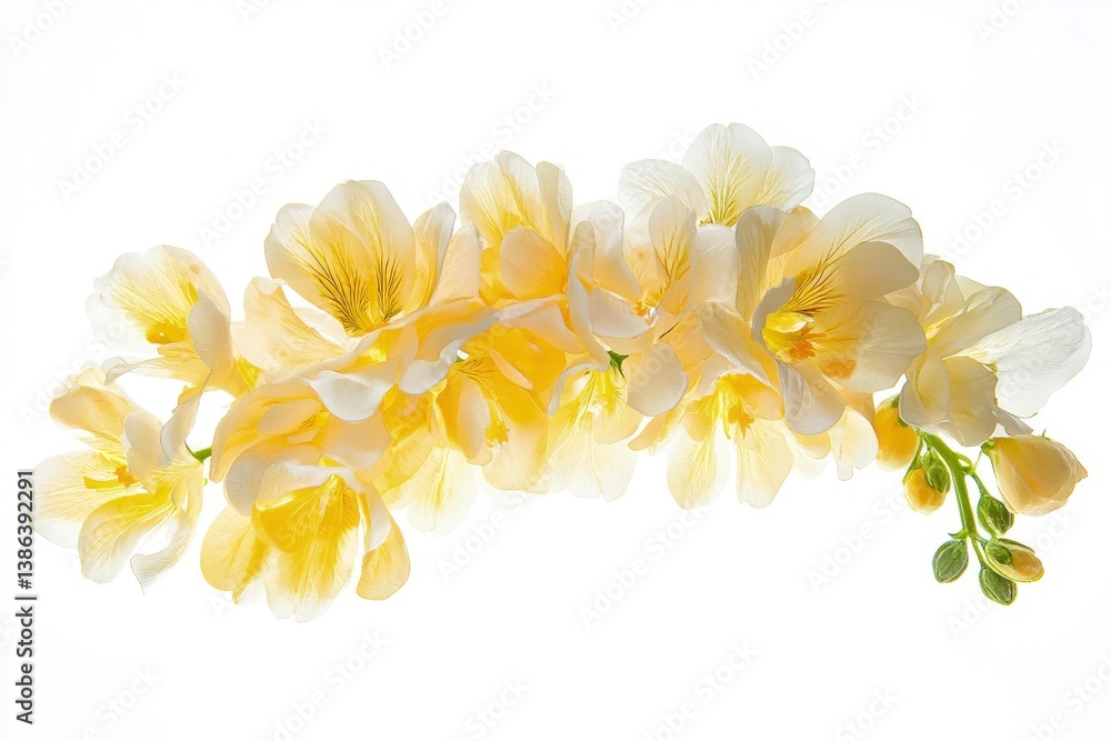 Obraz premium Blooming Freesia Branch with Delicate Yellow Petals Against a White Background
