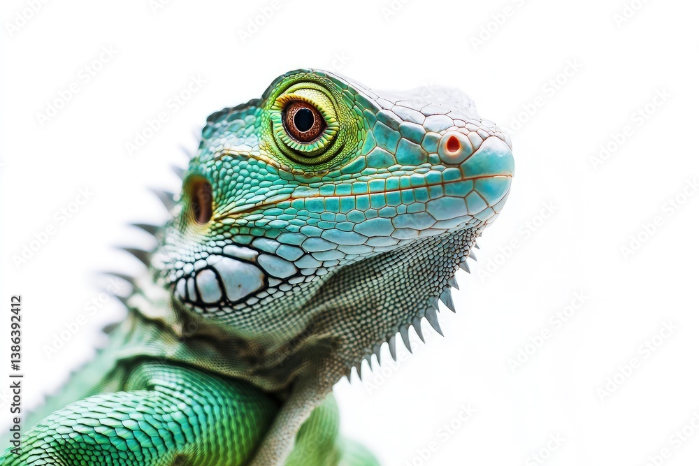Fototapeta premium Close-up of a Green Iguana Head on White Background Looking Up