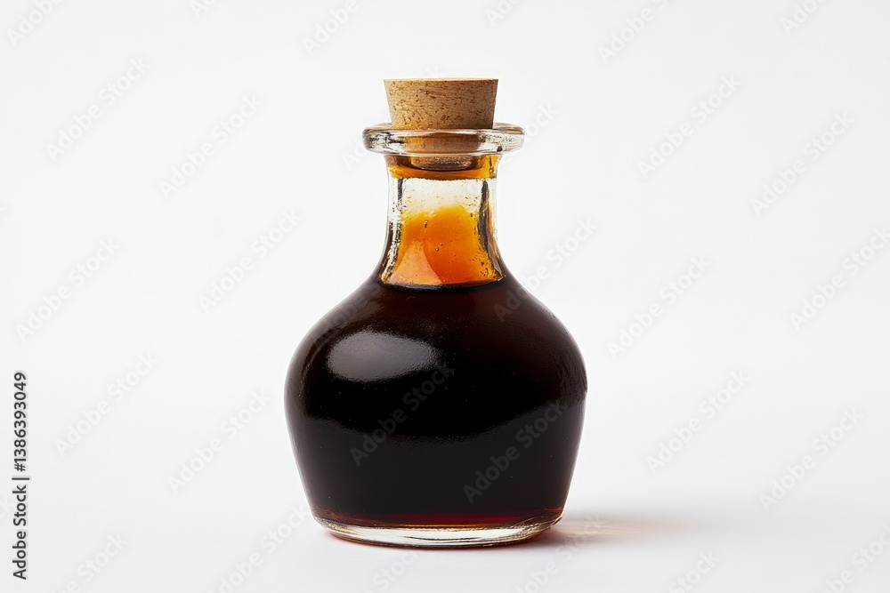 Dark Liquid in Glass Bottle with Cork Stopper on White Background Dark Liquid in Glass Bottle with Cork Stopper on White Background