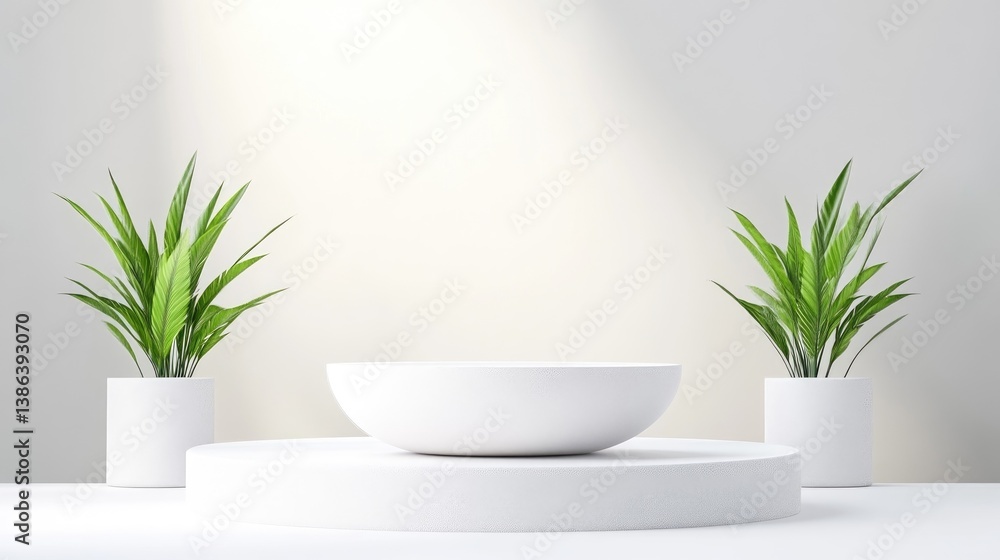 A white bowl sits on a circular platform, flanked by two potted plants. The scene is minimalist, with soft lighting and a clean background. High-quality rendering creates a serene mood. The color p A white bowl sits on a circular platform, flanked by two potted plants. The scene is minimalist, with soft lighting and a clean background. High-quality rendering creates a serene mood. The color p