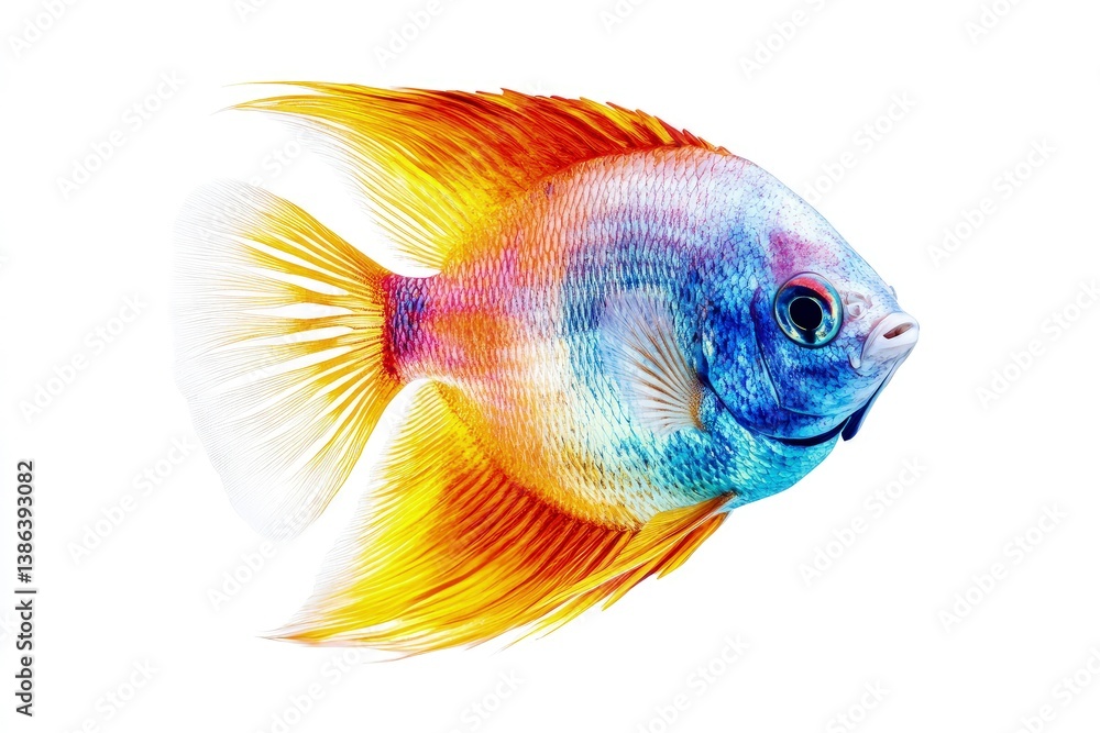 Fototapeta premium Isolated Colorful Ram Cichlid Fish Swimming on White Background Portrait
