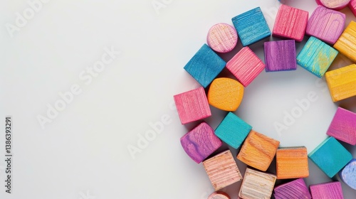 Unity concept visualized with colorful wooden blocks, representing cohesion and diversity. Perfect for data or peoplerelated content.