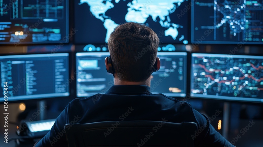 A cybersecurity expert vigilantly monitors networks at night, utilizing multiple screens for data visualization in a techrich environment.