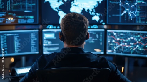 Obraz na płótnie A cybersecurity expert vigilantly monitors networks at night, utilizing multiple screens for data visualization in a techrich environment. w salonie