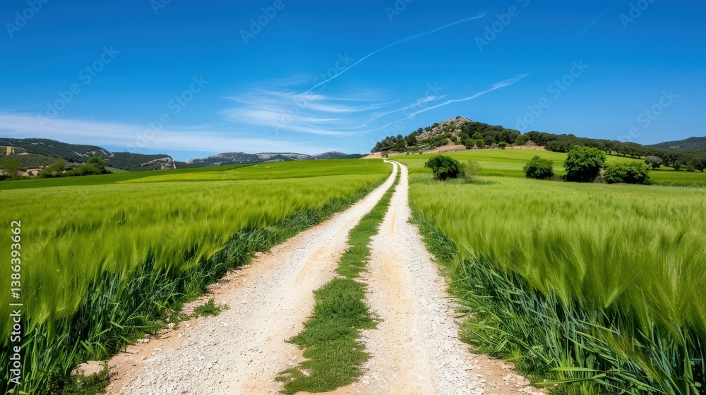 Discover a scenic pilgrimage route in Spain, winding through lush fields and meadows under a bright blue sky. Discover a scenic pilgrimage route in Spain, winding through lush fields and meadows under a bright blue sky.