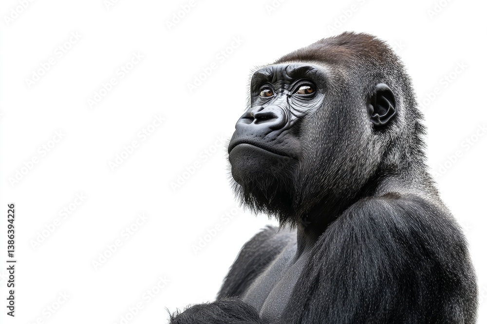 Thoughtful Gorilla Portrait Looking Up Isolated on White Background Studio Shot Thoughtful Gorilla Portrait Looking Up Isolated on White Background Studio Shot