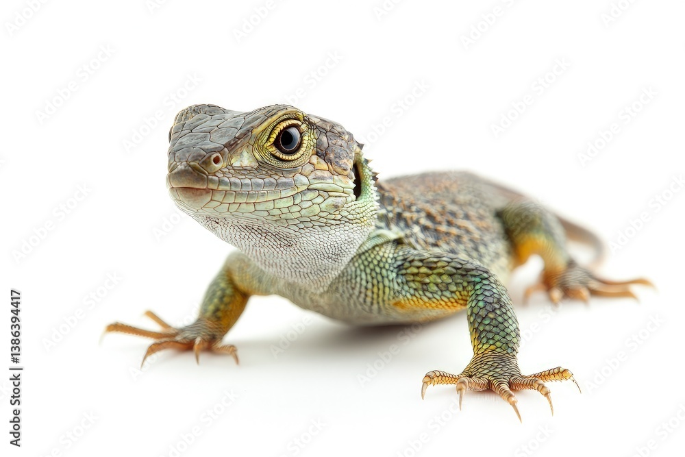 Fototapeta premium Small Lizard Standing Alert on White Background Close-up Studio Shot