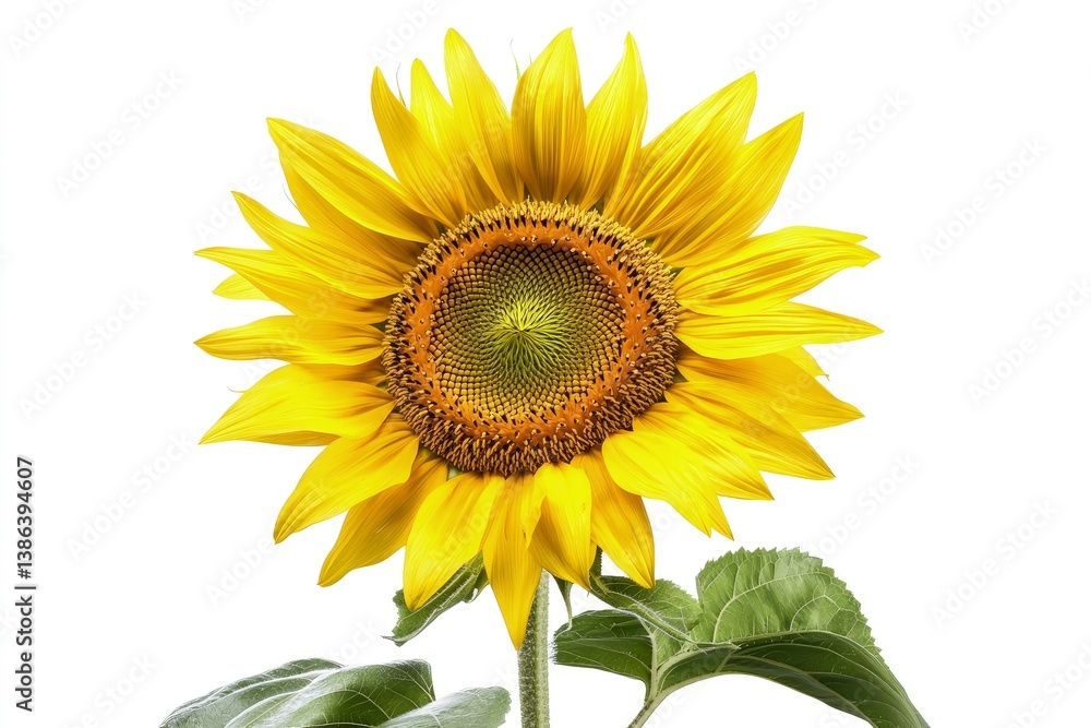 Fototapeta premium Bright Sunflower Blossom Isolated on White Background with Green Leaves