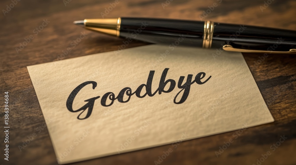 Goodbye note with pen on wooden desk background Goodbye note with pen on wooden desk background