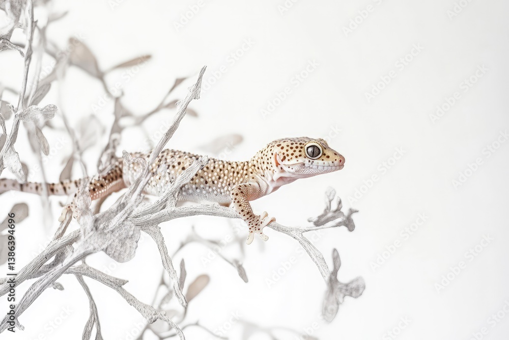 Naklejka premium Leopard Gecko Resting on Branch with White Background in Studio Shot
