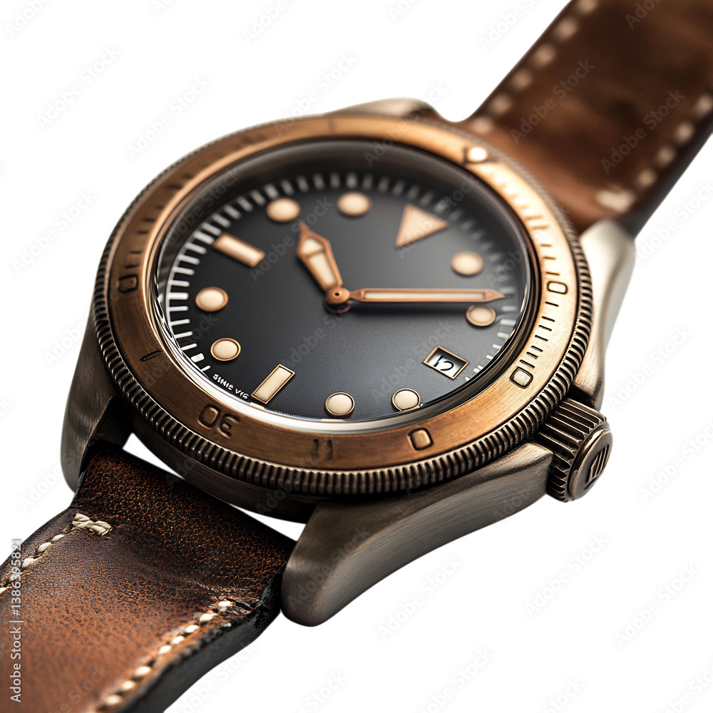 All Bronze Diving Watch with Minimalist Design and Brown Leather Strap Isolated on Transparent Background All Bronze Diving Watch with Minimalist Design and Brown Leather Strap Isolated on Transparent Background