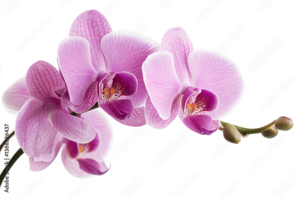 Blooming Orchid Spray with Light Purple Petals Isolated on White Background Blooming Orchid Spray with Light Purple Petals Isolated on White Background