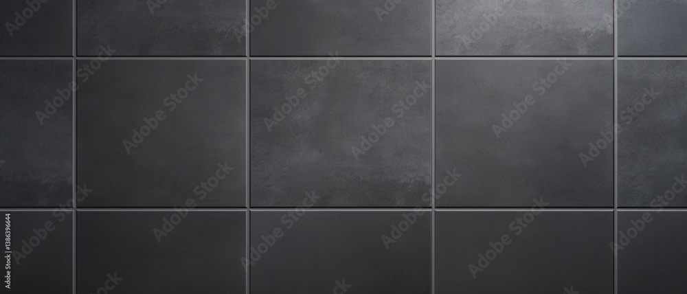 Naklejka premium A close-up view of a modern, sleek black tile wall showcasing a uniform grid pattern, perfect for interior design projects or home renovations, set in a contemporary environment
