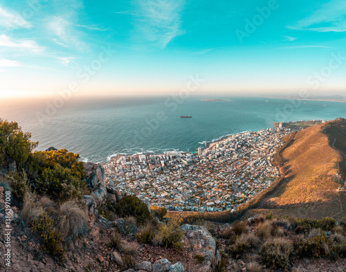 Cape Town overlooking Sea Point  - majestic Table Mountain Landscape panorama taken from the top of Lions Head - South Africa best travel destination for nature and adventure
