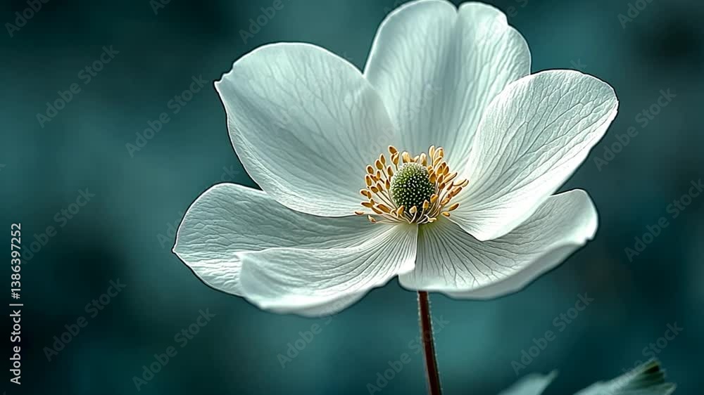 Close-up of a pristine white anemone flower against a teal-toned background.  Possible use  nature photography, floral prints,  advertising