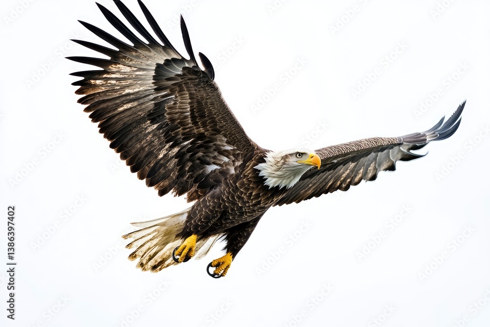 Fototapeta premium Bald Eagle Flying Majestically with Wings Spread Against a Clear Background