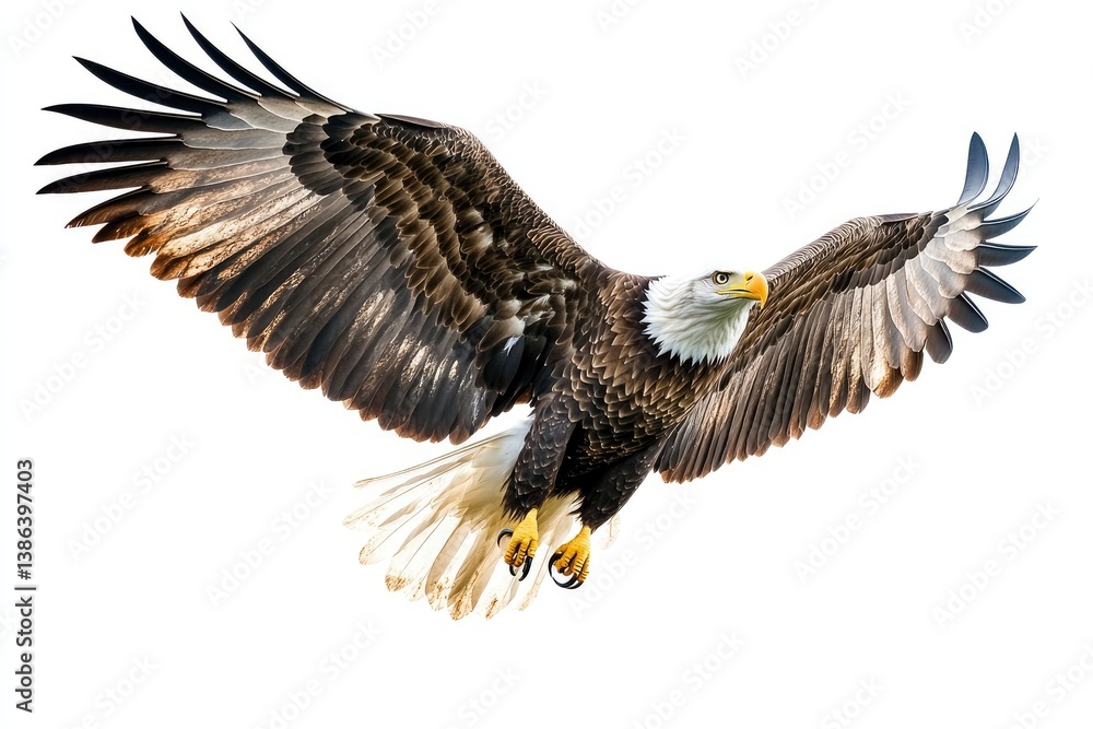 Bald Eagle Flying Majestic with Open Wings on White Background Bald Eagle Flying Majestic with Open Wings on White Background